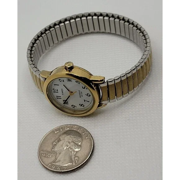 Women's Timex Indiglo White Dial Gold Tone Case Two-Tone Expansion Band Watch 01 - Picture 6 of 8
